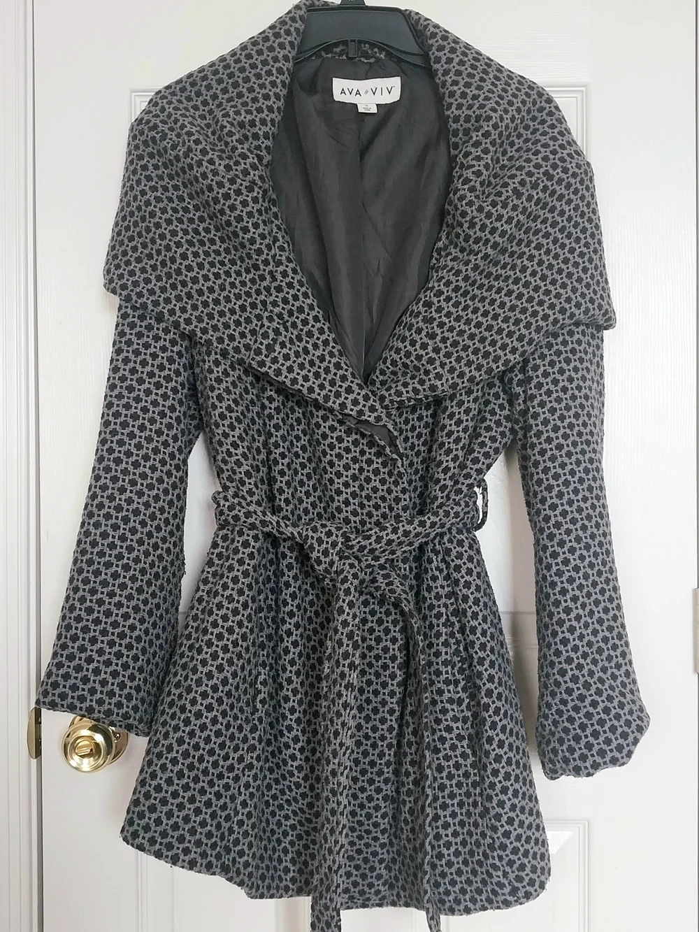 Ava & Viv Wide Collar Belted Wrap Coat Gray Black Geometric Pattern Size 1X